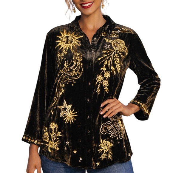 Johnny Was Tops - Johnny Was heavily embroidered celestial Miaora Velvet Kimono Shirt/Jacket NWT